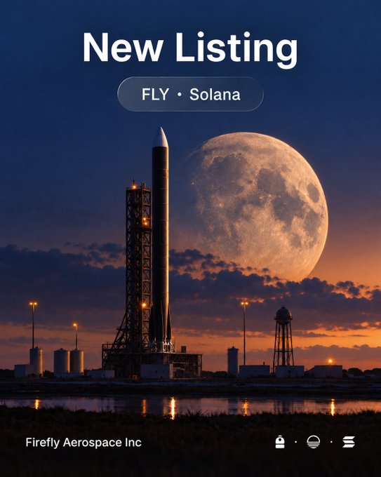A dramatic twilight image showcases a Firefly Aerospace rocket poised on a launch pad against a massive moon backdrop, with overlay text reading "New Listing — FLY · Solana" and "Firefly Aerospace Inc" at the bottom. The imagery ties to the announcement of $FLY's Solana listing via Sunrise by Backpack Securities, using the aerospace company's rocket to visually represent the Firefly ticker symbol.