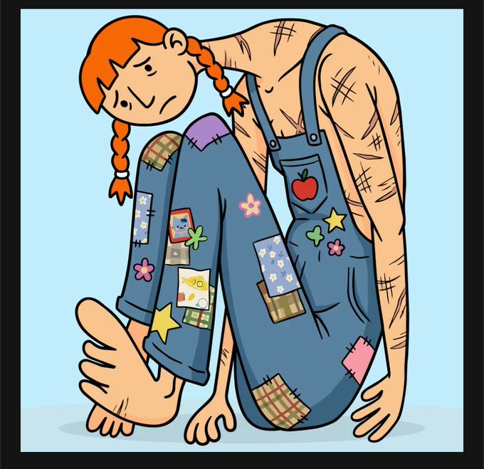 The image features a cartoon girl with red hair wearing blue overalls, which are covered in patches of fabric. She has her hands behind her back and appears to be sitting down or crouching. The background of the image is white, providing contrast for the colorful outfit she's wearing. There is also text present in the image that reads "Investment @TheColossal_eth LFG". This suggests that there might be a connection between the girl's attire and an investment opportunity or event related to the Colossal Eth LFG.