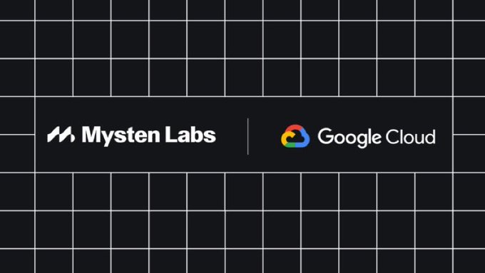 A dark grid-patterned background displays the logos of 'Mysten Labs' and 'Google Cloud' side by side in a central black banner, indicating a partnership between the two companies.