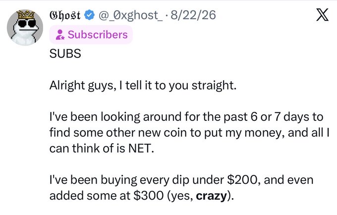 A tweet from verified user @_0xghost_ dated 8/22/26 addressed to "Subscribers" explains that after searching for 6-7 days for a new coin to invest in, he settled on $NET and has been buying every dip under $200, even purchasing some at $300. The post highlights his conviction in accumulating the ticker despite others calling his purchases "crazy," reinforcing the caption's theme of early conviction leading to potential retirement gains for his subscribers.