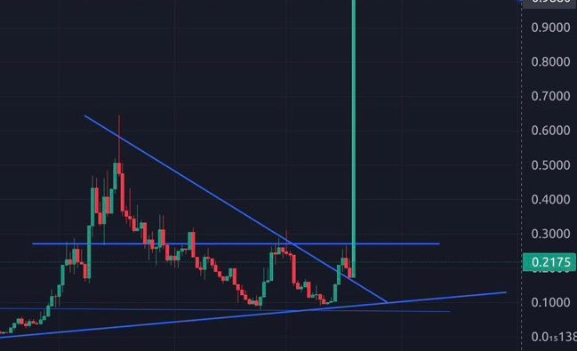A candlestick chart shows a token's price breaking out of a descending triangle pattern with a massive vertical spike to $0.90, mirroring the post's request for a memecoin that could replicate such a parabolic move, with the current price marked at 0.2175.