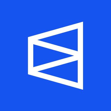 A white geometric logo resembling a stylized letter on a blue background.