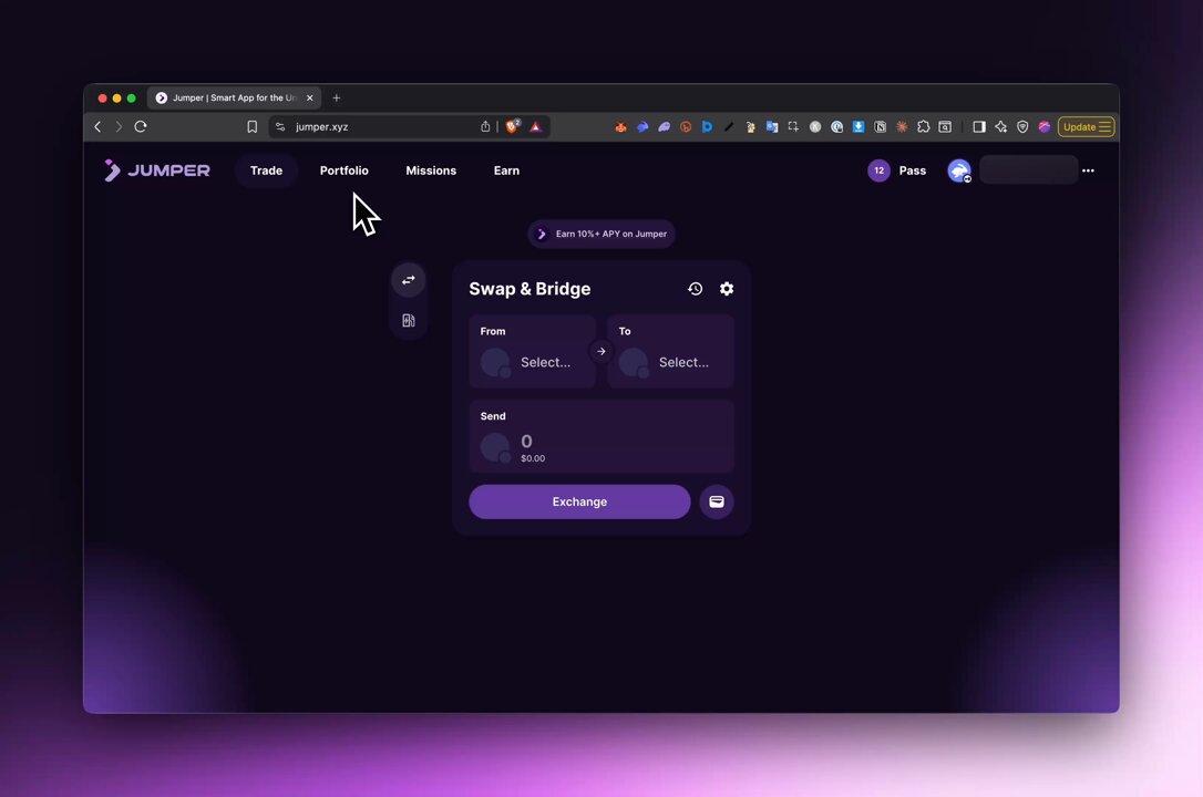 The image features a computer screen that displays an advertisement for Jumper, which encourages users to click on the "swap" button or enter their email address to learn more about a mission opportunity. The mission seems promising as it offers an APY of 90%. This message is set against the backdrop of a purple and blue color scheme, creating a visually appealing and attention-grabbing design for the advertisement.