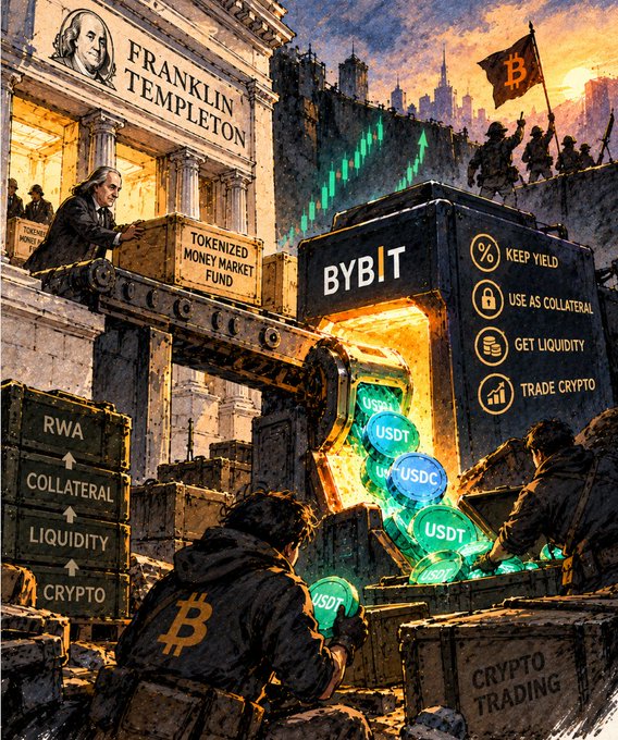 An illustration showing Franklin Templeton with a 'Tokenized Money Market Fund' being poured into a Bybit exchange machine that offers 'Keep Yield,' 'Use as Collateral,' 'Get Liquidity,' and 'Trade Crypto,' producing USDT and USDC tokens. Text visible includes 'Franklin Templeton,' 'Tokenized Money Market Fund,' 'Bybit,' 'RWA,' 'Collateral,' 'Liquidity,' 'Crypto,' and 'Crypto Trading,' with a Bitcoin flag flying in the background.
