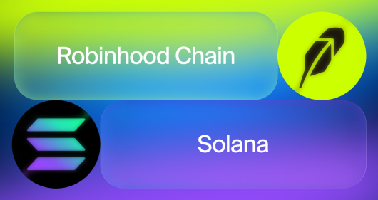 A graphic showing two cryptocurrency logos labeled 'Robinhood Chain' (green feather icon) and 'Solana' (purple/black striped icon) on a gradient background.