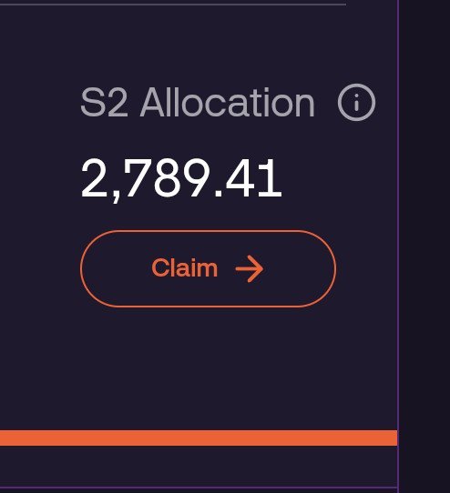 A dark interface screen displays "S2 Allocation" with the number "2,789.41" above an orange "Claim →" button.