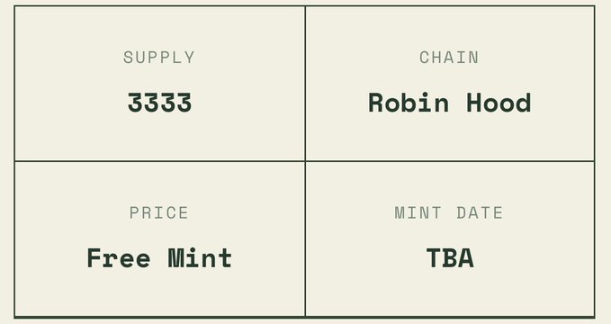 The image displays an informational graphic for an NFT project called "Robin Hood," showing key details in a four-quadrant layout: a supply of 3,333, hosted on the Robin Hood chain, with a free mint price and a TBA mint date. The visual serves as a clean summary of the project's launch information, aligning directly with the accompanying tweet announcing the free mint alert.