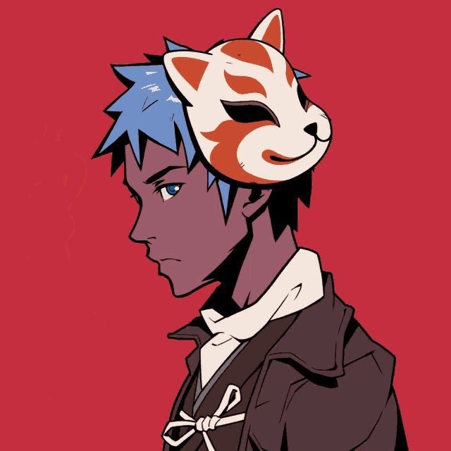 An anime-style illustration of a person with blue hair and a kitsune mask resting on their head, wearing a dark jacket, set against a red background.