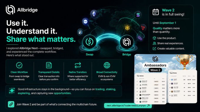 A promotional graphic for Allbridge featuring the tagline 'Use it. Understand it. Share what matters.', describing their Wave 2 ambassador program with details about swap and bridge workflows, running until September 1.