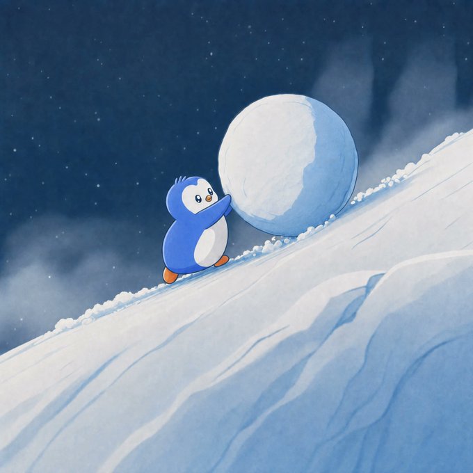 A digital illustration of a cute blue penguin pushing a large snowball up a snowy slope at night under a starry sky.