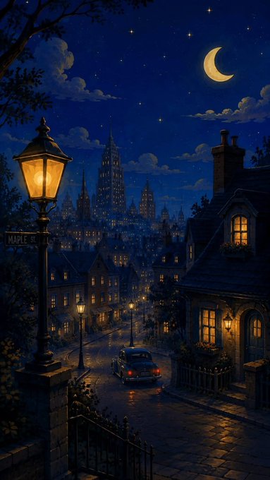 A stylized illustration of a moonlit city street with an ornate glowing streetlamp, a vintage car, and a skyline of illuminated skyscrapers under a crescent moon and starry sky.