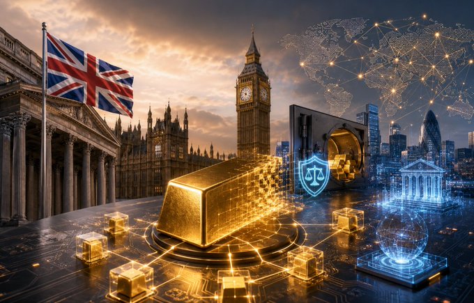 A composite digital artwork featuring iconic London landmarks including Big Ben and the British flag, combined with glowing golden gold bars, a digital world map, and futuristic holographic elements representing UK financial markets.