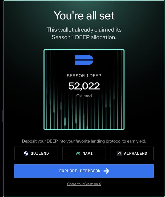 The screen of an email with the words 'Thanks @DeepBookonSui for the big airdrop You can claim now!' displayed at the bottom, instructing viewers to "claim". The email also contains details about airdrops, including that users have already claimed Season 1 Deep.