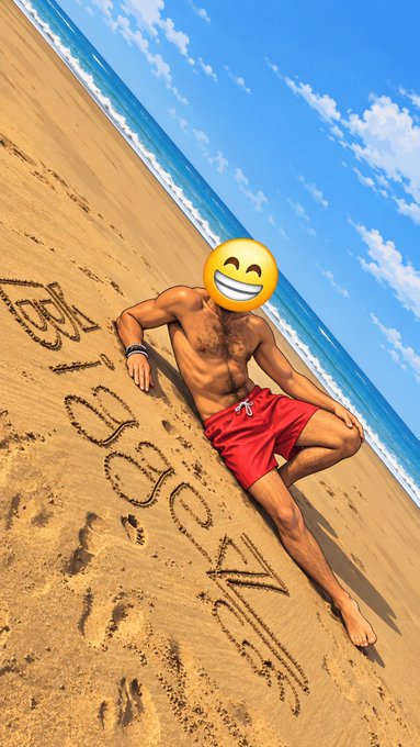 A shirtless man in red swim shorts poses on a sandy beach next to text written in the sand reading 'TOP 1 DONNA BELLA', with his face covered by a smiley emoji.
