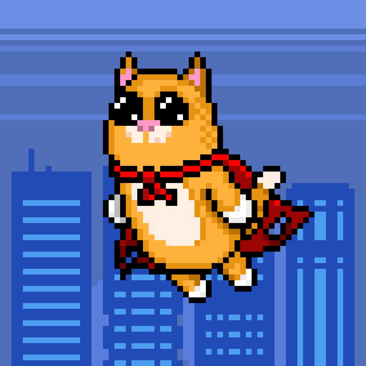The image features an orange cat with white paws flying through the air above a city skyline. The cat appears to be wearing a red cape or bandana, giving it a superhero-like appearance. The background of the image consists of buildings, suggesting that the cat is in a city setting. The caption at the bottom of the image reads "Catizen ONLY PUBLIC FREE Mint Today! First …" and provides an additional link for more information about the post.