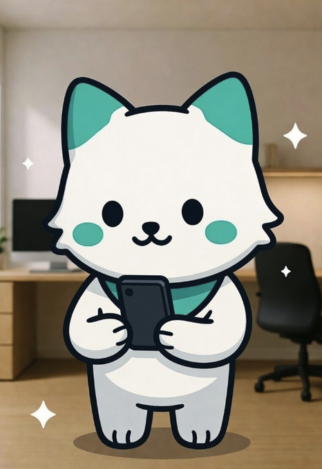 A cute cartoon white cat mascot with teal ears and cheeks stands in a modern office setting, happily holding a smartphone—the perfect friendly face for CoinEx's brand. This adorable avatar embodies the company's invitation to get creative, since any style that "feels CoinEx" is welcome.
