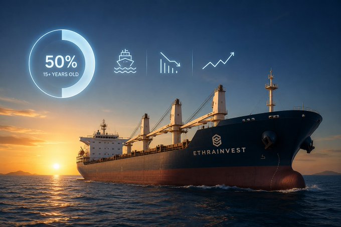 A promotional graphic for 'ETHRAINVEST' featuring a cargo ship at sunset, alongside a circular graphic showing '50% 15+ YEARS OLD' and icons representing shipping, finance, and growth.