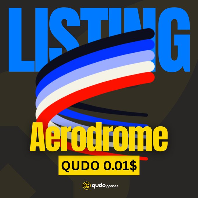 Promotional graphic for Qudo Aerodrome token listing with 'LISTING' in large blue text, 'Aerodrome' in yellow, and 'QUDO 0.01$' displayed with a qudo.games logo.