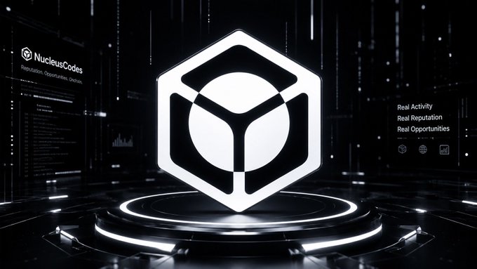 A sleek black-and-white promotional graphic for NucleusCodes displays its hexagonal cube logo center stage on an illuminated circular platform, with side panels reading "Reputation. Opportunities. Onchain." and "Real Activity, Real Reputation, Real Opportunities," visually reinforcing the post's message about distinguishing meaningful on-chain and social behavior rather than treating every wallet or account equally.