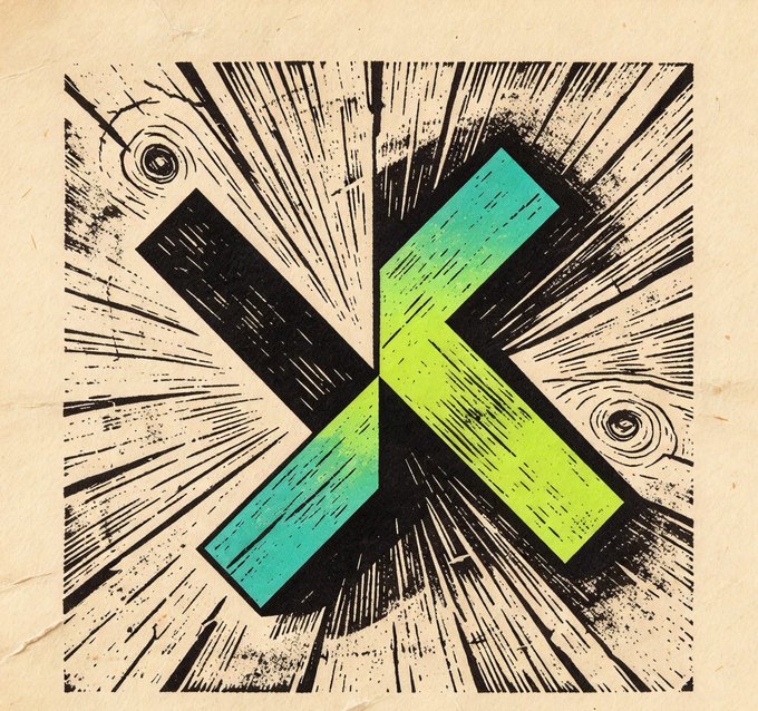 A graphic design featuring a teal and lime green gradient 'X' or chevron symbol on a textured wood grain background with black radiating lines.