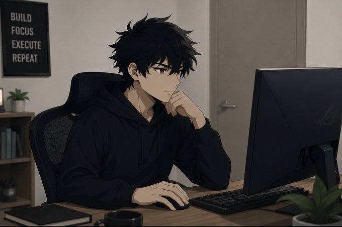 An anime-style illustration of a young man in a black hoodie sitting at a desk working on a computer, with a wall poster reading 'BUILD FOCUS EXECUTE REPEAT'.