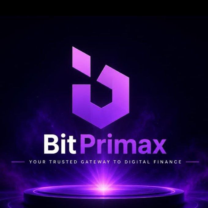 The image displays the BitPrimax logo—a stylized purple "b" symbol—above the company name and tagline "Your Trusted Gateway to Digital Finance," all set against a dark background with a glowing purple platform. The visual reinforces the post's message by presenting BitPrimax as the reliable, accessible partner for simplifying crypto-to-Naira transactions in Nigeria.