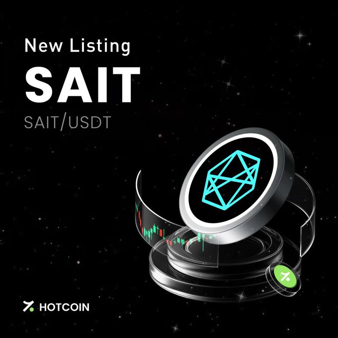 A promotional graphic for Hotcoin announces the new listing of **SAIT/USDT**, featuring a futuristic 3D coin with a glowing cyan diamond-shaped AI logo hovering above a candlestick chart against a starry black background. The design visually reinforces the post's message of SAIT's role in bridging the "AI × Web3" narrative, set to launch on August 3 at 06:00 (UTC+8).