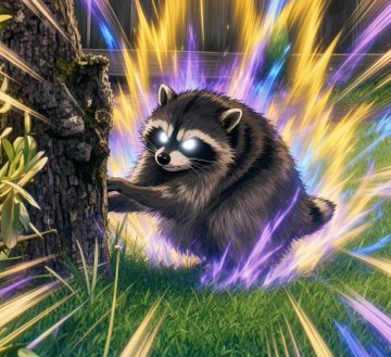 A digital artwork of a fluffy raccoon with glowing white eyes running through grass beside a tree, surrounded by dynamic purple, yellow, and blue speed-line effects.