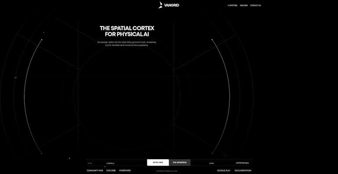 A dark-themed website header for 'VANGRD' featuring the tagline 'THE SPATIAL CORTEX FOR PHYSICAL AI' with navigation links including 'X-POSTING, SOCIAL, CONATUS.'