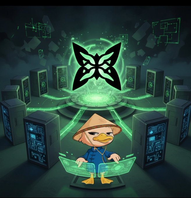 urns of green and blue, with a black butterfly graphic on the left side, surround a cartoon duck holding a sword against a dark background.