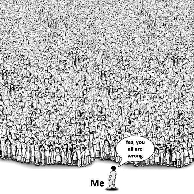 A lone figure labeled "Me" stands apart from a vast crowd, stating "Yes, you all are wrong." This image visually represents the accompanying post's bold assertion that Ethereum will surpass Bitcoin and be recognized as the future of blockchains, despite current widespread disagreement.