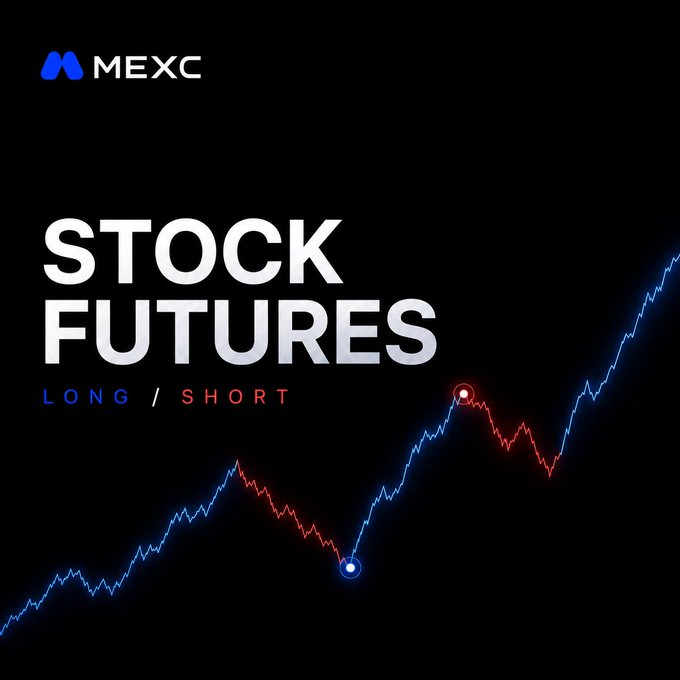 A MEXC cryptocurrency exchange promotional graphic for 'STOCK FUTURES' with LONG/SHORT options, featuring a stylized stock chart with blue and red trend lines on a black background.