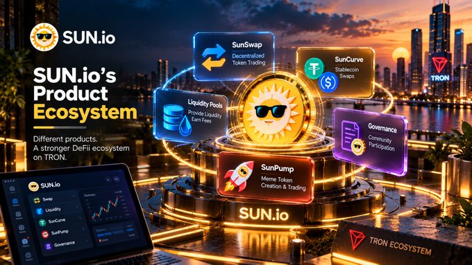 A promotional infographic showcasing SUN.io's product ecosystem on TRON, featuring components like SunSwap (decentralized token trading), Liquidity Pools, SunPump (meme token creation), SunCurve (stablecoin swaps), and Governance.