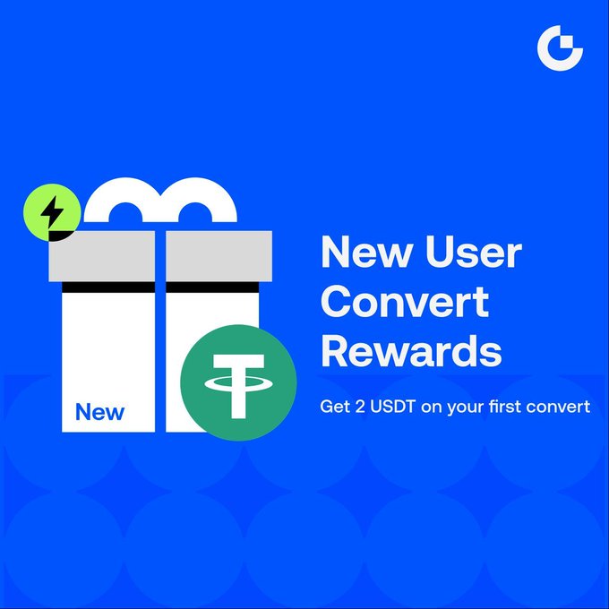 The image features a blue background with white text that reads "New User Convert Rewards" followed by a green circle containing a Bitcoin symbol and the text "Get 2 USDT on your first convert". The text also mentions that users can get 2 USDT in cash as a reward for their first conversion.