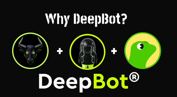 A promotional graphic titled "Why DeepBot?" featuring three circular icons combined into the DeepBot logo: a bull/wolf head, a futuristic robot, and the Google snake character, on a black background.