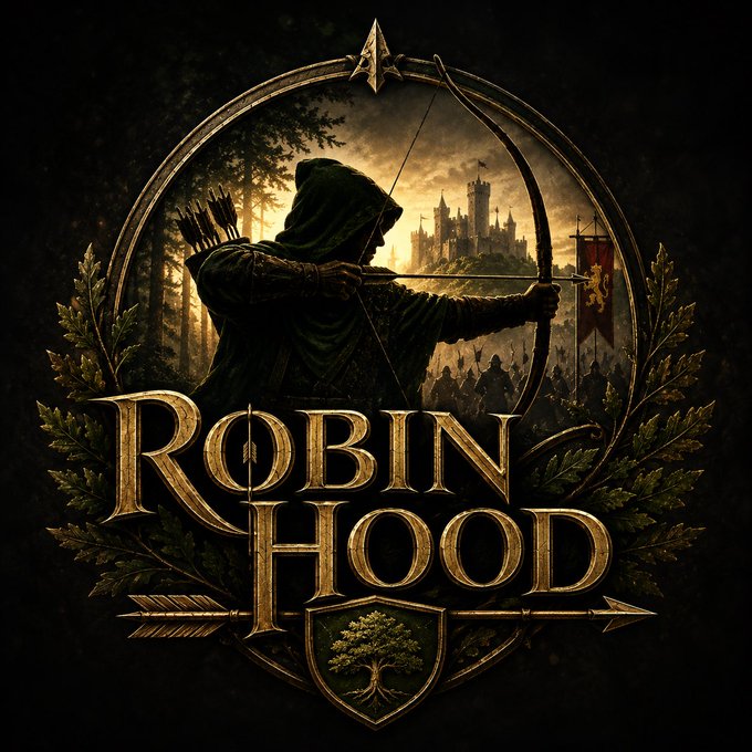 A fantasy-themed graphic for 'Robin Hood' showing a hooded archer drawing a bow, with a castle in the background, decorative golden leaves, and a tree emblem at the bottom.