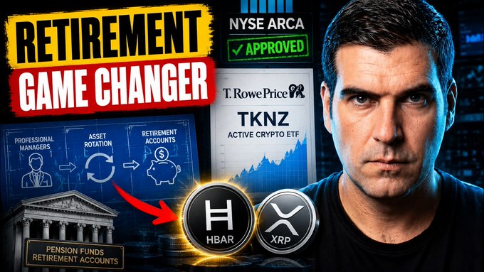 A YouTube-style thumbnail titled 'RETIREMENT GAME CHANGER' featuring a man on the right, with text indicating NYSE Arca approval for the T. Rowe Price TKNZ Active Crypto ETF, and graphics showing professional managers and asset rotation into HBAR and XRP.