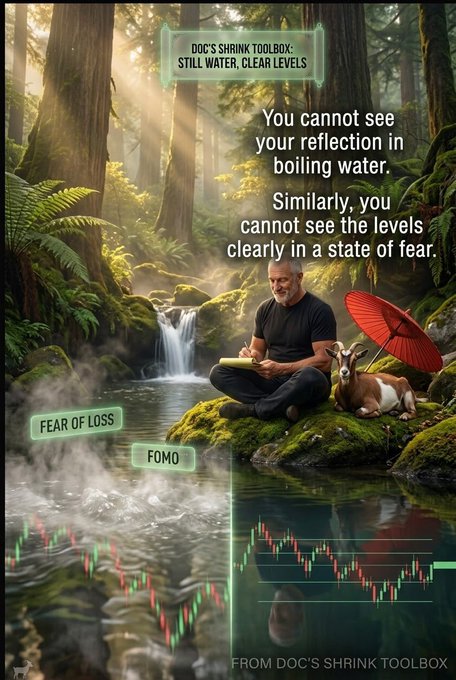 An infographic titled 'Doc's Shrink Toolbox: Still Water, Clear Levels' shows a man meditating by a stream, illustrating the quote about not seeing reflections in boiling water, with labels for 'Fear of Loss' and 'FOMO' near trading charts.