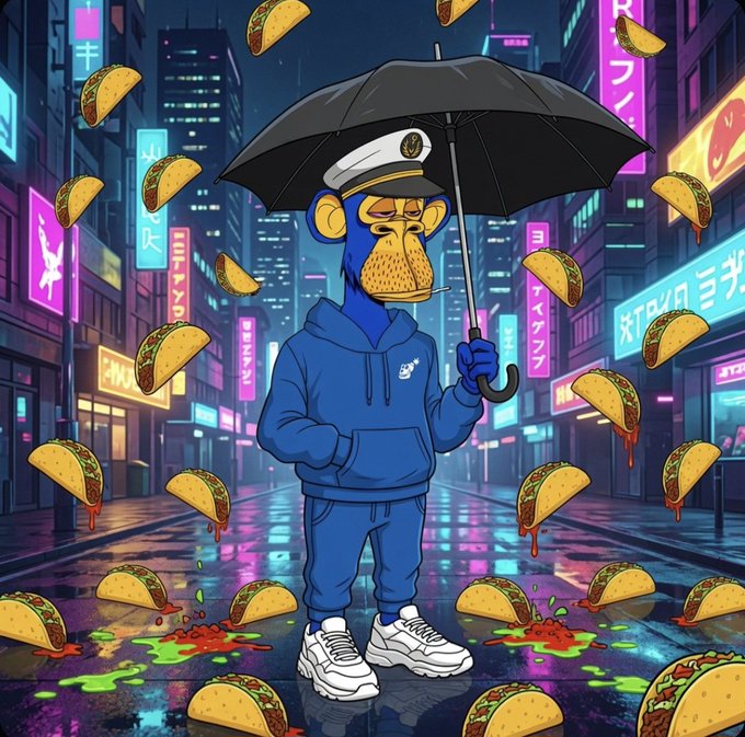 Digital artwork of a blue Bored Ape Yacht Club-style character in a hoodie, cap, and sunglasses holding an umbrella on a rainy cyberpunk street, surrounded by floating tacos.