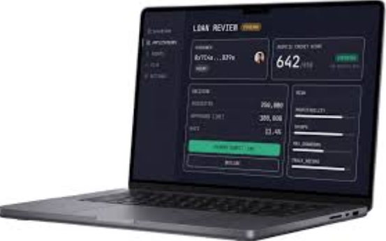 A laptop displaying a loan review interface showing an account name 'BYTOM ... 337k' with an 'AUDITED CREDIT SCORE' of 642/100, including requested amount, approved amount, and monthly payment details.
