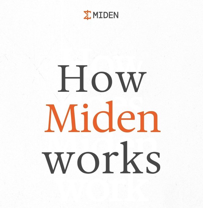 A minimalist white graphic with the 'MIDEN' logo at the top and large serif text reading 'How Miden works' in dark gray and orange.