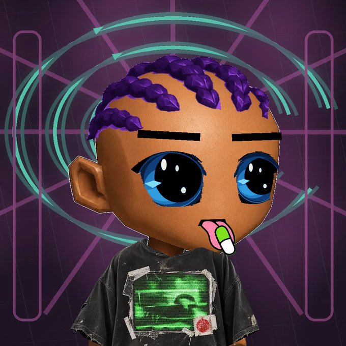 A 3D render of a stylized character with purple braided hair, large blue eyes, and a pill in their mouth, wearing a distressed black t-shirt with a green graphic, set against a purple grid background with glowing cyan rings.