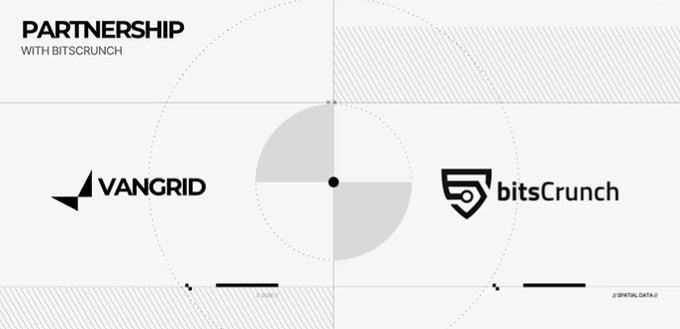 A minimalist graphic announcing a partnership between VANGRID and bitsCrunch, featuring a split grey and white circle design on a light background.
