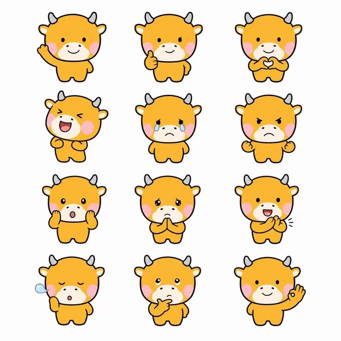 A grid of 12 cute cartoon bull stickers in various poses and expressions (waving, thumbs up, heart, laughing, crying, angry, surprised, sad, clapping, sleeping, thinking, and OK gesture) is displayed, illustrating the "NiuLai × Minicoin" sticker creator campaign that lets users design custom bull-themed stickers for chat use.