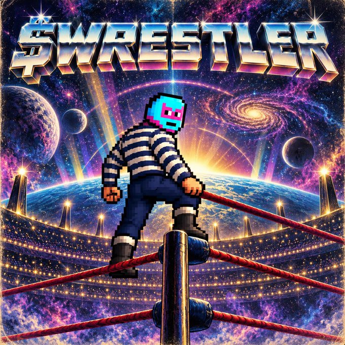 A retro-style digital poster with the text 'THE WRESTLER' showing a pixelated masked character standing on the ropes of a wrestling ring in space.