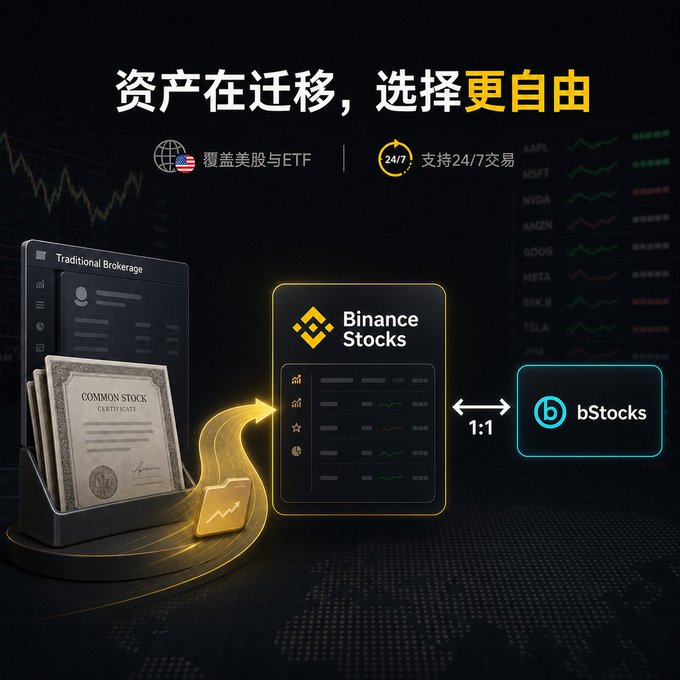 A Binance Stocks promotional graphic with Chinese text '资产在迁移，选择更自由' (Assets are migrating, choices are freer), featuring Traditional Brokerage, Binance Stocks, and bStocks with a 1:1 conversion, highlighting US stock/ETF coverage and 24/7 trading support.