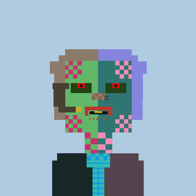 A pixel art portrait of a green-skinned zombie-like figure with red eyes, stitched mouth, and pink pixel patches, set against a light blue background.