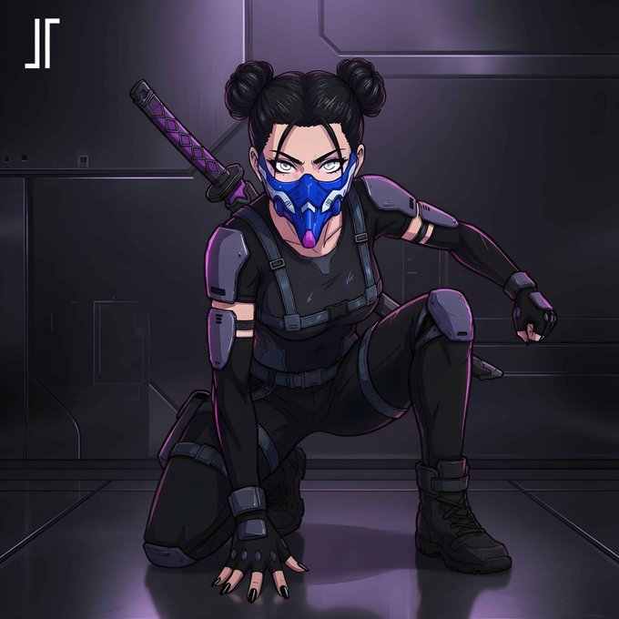 The image features a female character with blue hair, dressed as a ninja, crouching down and holding a sword. The character's outfit consists of black clothing that includes a mask covering her face. The background appears to be a dark purple color, which complements the overall theme of the image. The caption at the bottom of the image reads "THE TWELVES ARE COMING Twelves arrive on Solana, July 4th. Mint Date: July 4, 2016 Chain: SOLANA Launchpad: @LaunchMyNFT".