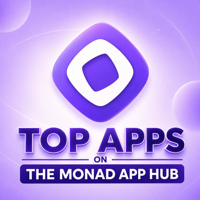 Purple promotional graphic featuring a diamond-shaped logo and text 'TOP APPS ON THE MONAD APP HUB'.