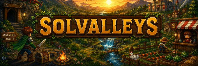 A pixel art style banner titled 'SOLVALLEYS' featuring a swordsman, a campfire, a treasure chest, a waterfall, a farmer, and a chicken in a vibrant fantasy valley landscape.